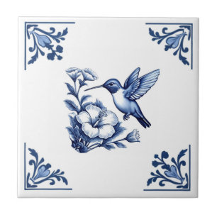 Kolibri Delft Blau Weiß Florale Ecken Vogel Fliese