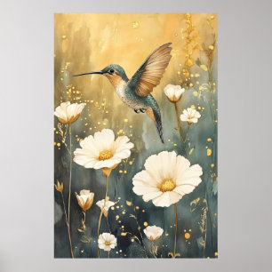 Kolibri im Flug mitten unter weißen Blumen Poster