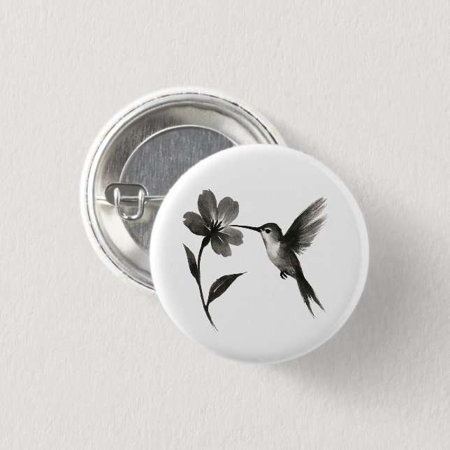 Kolibri mit Blume – Tuschepinsel-Design auf  Button (Vorne & Hinten)
