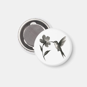 Kolibri mit Blume – Tuschepinsel-Design auf  Magnet