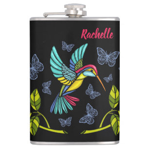 Kolibri, Schmetterling und Rosen Flachmann