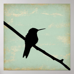 Kolibri-Silhouette auf blauem Grunge-Hintergrund Poster