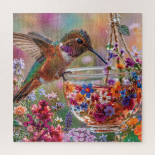 Kolibri trinkt Nektar aus floraler Teetasse