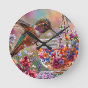 Kolibri trinkt Nektar aus floraler Teetasse Runde Wanduhr