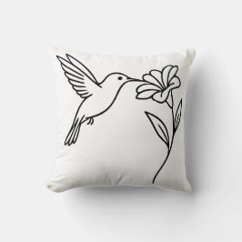 Kolibri und Blume – Minimalistische schwarze Linie Kissen