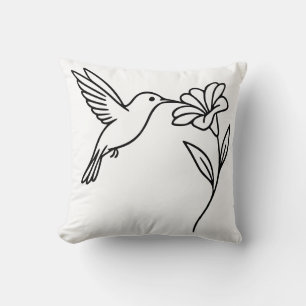 Kolibri und Blume – Minimalistische schwarze Linie Kissen
