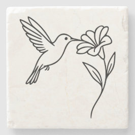 Kolibri und Blume – Minimalistische schwarze Linie Steinuntersetzer