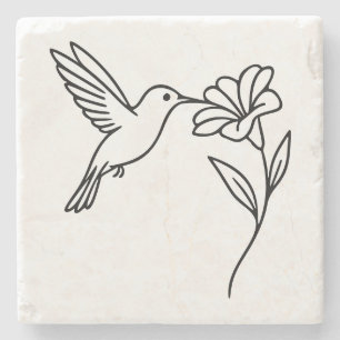 Kolibri und Blume – Minimalistische schwarze Linie Steinuntersetzer