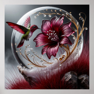 Kolibri und Blumendetails mit Edelsteinakzenten Poster