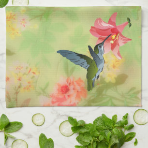 Kolibri und rosa Lilie auf Blumenmuster Geschirrtuch
