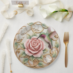 Kolibri Vintage-Viktorianisch Rosa Rose Floral Pappteller