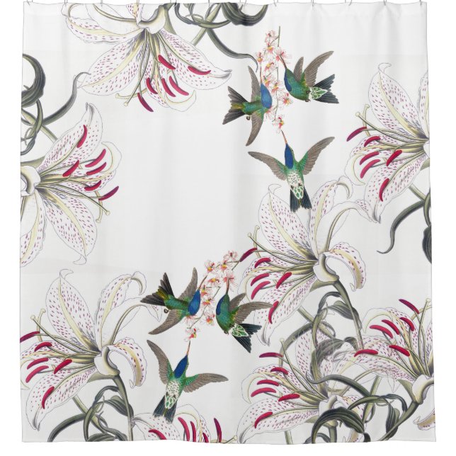 Kolibri-Vogel-asiatische Lilien-Blumen Duschvorhang (Vorderseite)