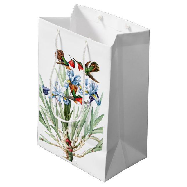 Kolibri-Vogel-blaue Iris-Blumen-Geschenk-Tasche Mittlere Geschenktüte (Rückseite Schrägansicht)