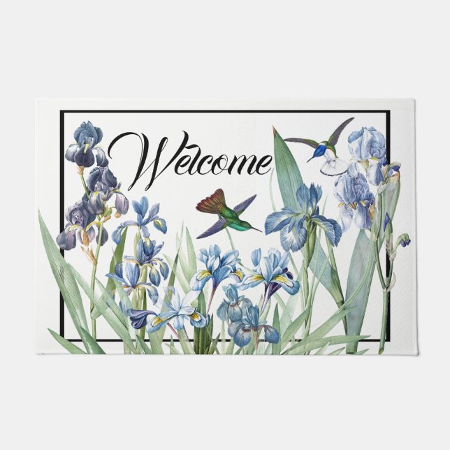 Kolibri-Vogel-Iris-Blumen-Willkommens-Fußmatte Fußmatte (Vorderseite)