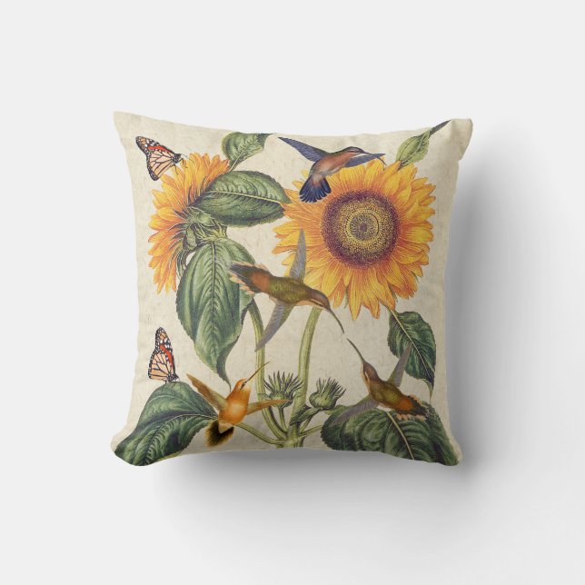 Kolibri-Vogel-Monarchfalter-Sonnenblumen Kissen (Vorderseite)