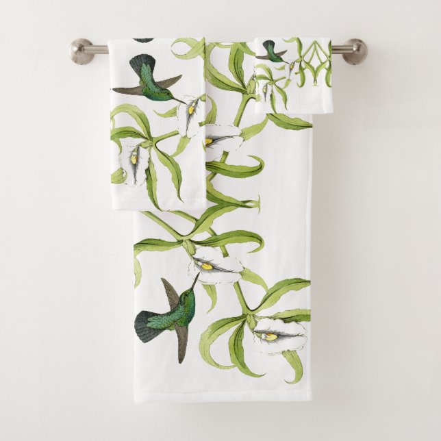 Kolibri-Vogel-Orchideen-Blumen-Bad-Tuch-Set Badhandtuch Set (Insitu)