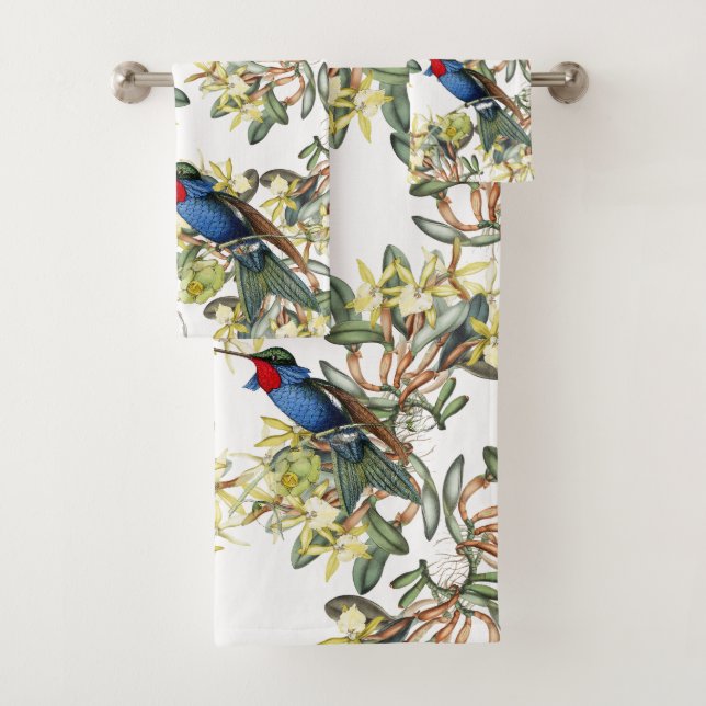 Kolibri-Vogel-Orchideen-Blumen-Bad-Tuch-Set Badhandtuch Set (Insitu)