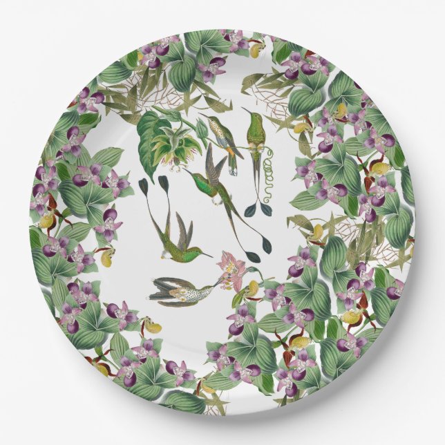 Kolibri-Vogel-Orchideen-Blumen-Papierplatte Pappteller (Vorderseite)
