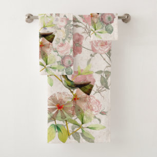 Kolibri-Vogel-Rosen-Blumen-Bad-Tuch-Set Badhandtuch Set