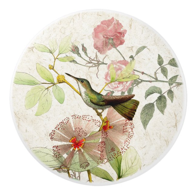 Kolibri-Vogel-Rosen-Blumen-Keramik-Zug-Griff Keramikknauf (Vorderseite)