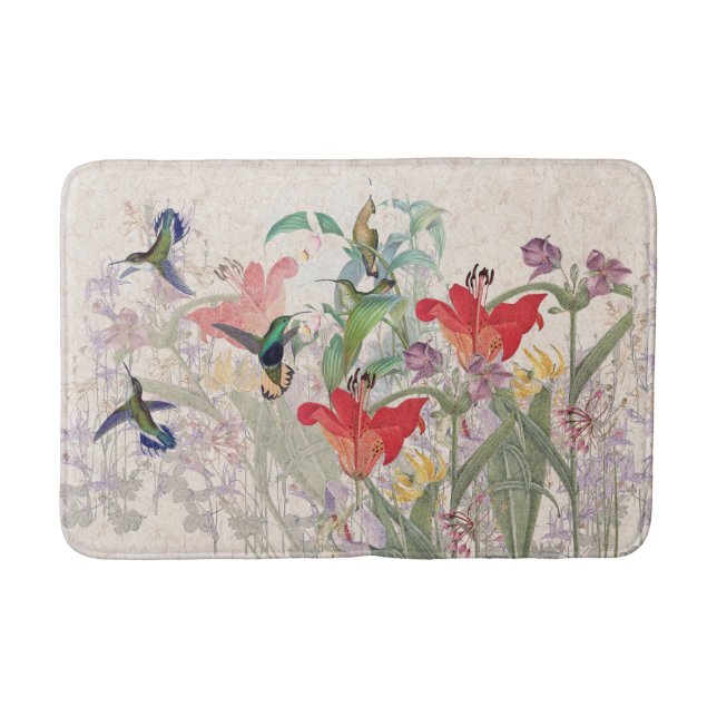 Kolibri-Vogel-rote Lilien-Blumen-Badematte Badematte (Vorderseite)