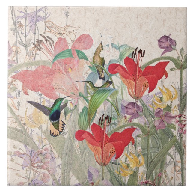 Kolibri-Vogel-rote Lilien-Columbine-Blumen-Fliese Fliese (Vorderseite)