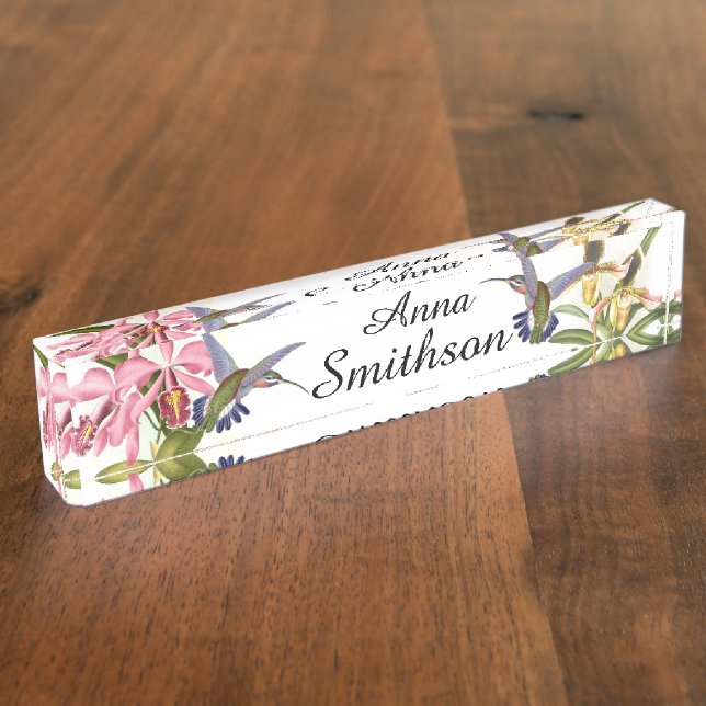 Kolibri-Vogel-Tier-Orchideen-Blumen mit Blumen Namensplakette (Seite)