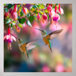Kolibris Fuchsien Blüten Irisierender Tanz Poster