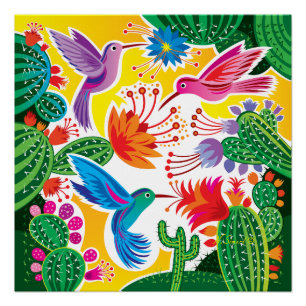 Kolibris und blühende Kakteen Poster