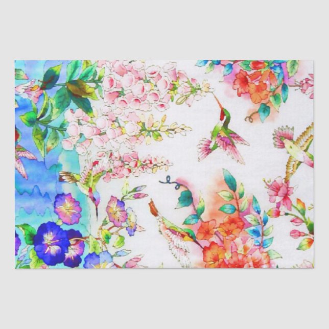 Kolibris und Blumen-Landschaft Seidenpapier (Vorderseite)