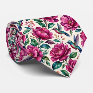 Kolibris und Blumen | Wasserfarbe Faux-Seide Krawatte