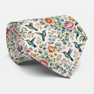 Kolibris und Blumen | Wasserfarbe Faux-Seide Krawatte