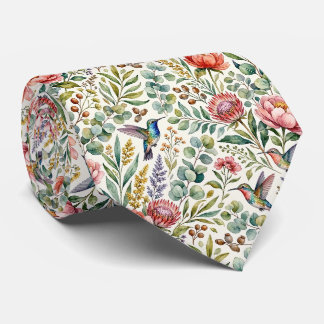 Kolibris und Blumen | Wasserfarbe Faux-Seide Krawatte