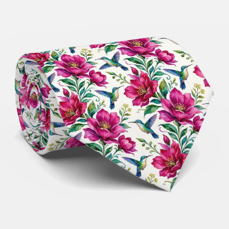 Kolibris und Blumen | Wasserfarbe Faux-Seide Krawatte