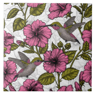 Kolibris und rosa Hibiskusblüten Fliese