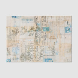 Kollage mit bedruckten Papierresten und blauen Hig Seidenpapier
