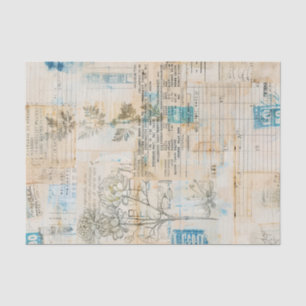 Kollage mit bedruckten Papierresten und blauen Hig Seidenpapier