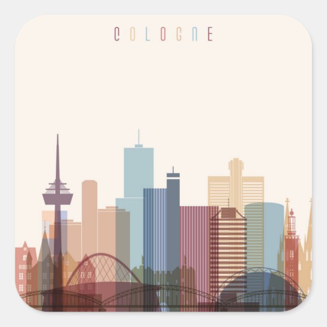 Köln | City Skyline Quadratischer Aufkleber (Vorderseite)