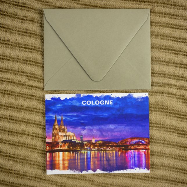 Köln - Nachtbild Postkarte (Cologne Germany Night View Painting Postcard)