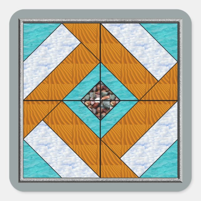 Kolonialplasterungs-Wasser-Sand-Himmel u. Felsen Quadratischer Aufkleber (Vorderseite)