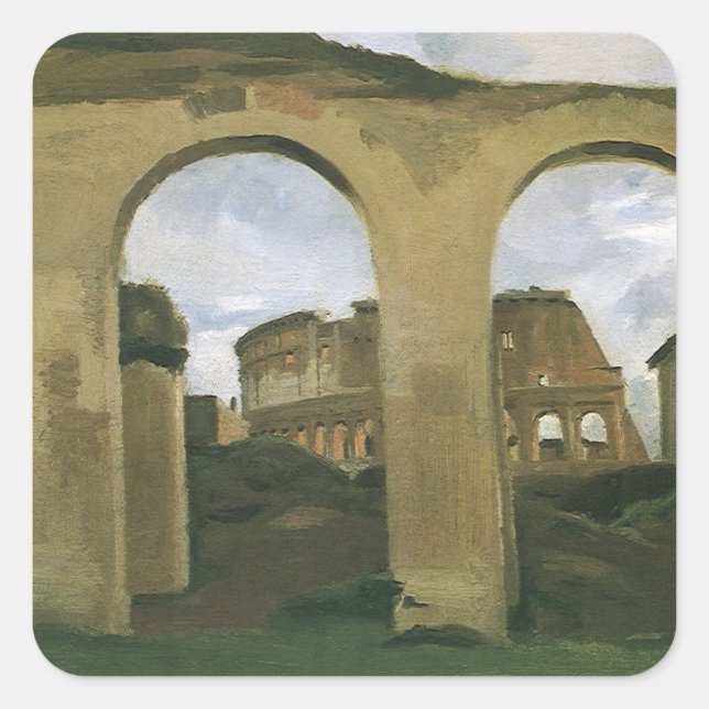 Kolosseum durch die Arkaden in Rom, Italien Quadratischer Aufkleber (Vorderseite)