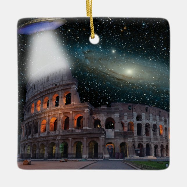Kolosseum Rom Italien trifft Raum und UFO Keramikornament (Vorderseite)