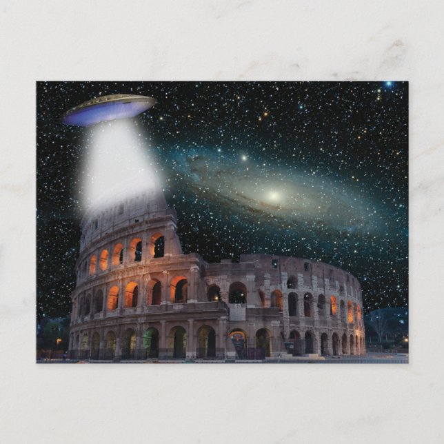Kolosseum Rom Italien trifft Raum und UFO Postkarte (Vorderseite)