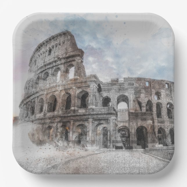 Kolosseum Watercolor Rom Italien Pappteller (Vorderseite)