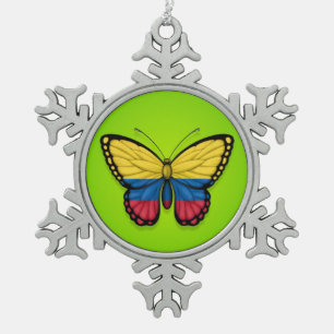 Kolumbianische Schmetterlings-Flagge auf Grün Schneeflocken Zinn-Ornament