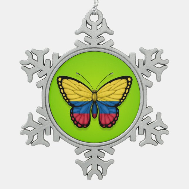Kolumbianische Schmetterlings-Flagge auf Grün Schneeflocken Zinn-Ornament (Vorderseite)