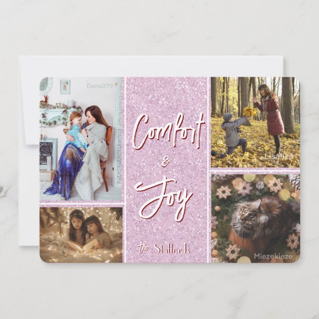 Komfort & Freude in rosa Foto Weihnachtskarte Einladung (Vorderseite)