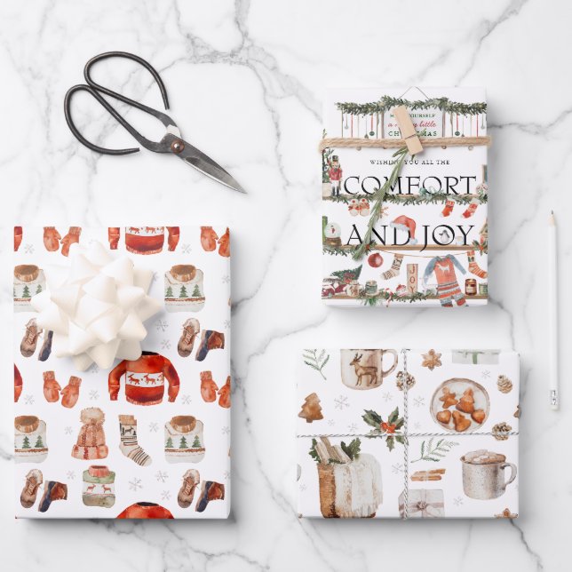 Komfort und Freude | Weihnachtsbilder in Aquarelle Geschenkpapier Set (Vorderseite)