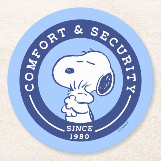 Komfort und Sicherheit | Snoopy & Woodstock Hug Runder Pappuntersetzer (Vorderseite)