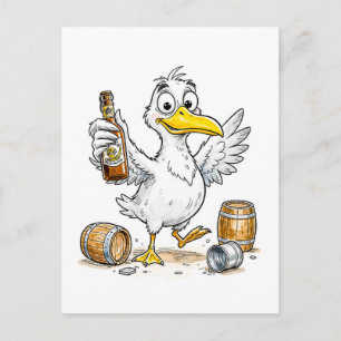 Komischer Tanz eines Vogels neben Fässern Postkarte
